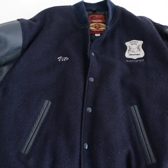 VTG Reed Sportswear Navy 100% Wool And Leather Detroit Police Supporter Jacket L - Picture 8 of 15